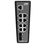 QuickTreX&reg; 8 Port Managed Layer2+ Industrial Hardened Gigabit PoE+ Switch with 12V Booster, 8 x GIG PoE+ RJ45 30/15.4W Ports, 2 x SFP GIG Ports, and 1 x RJ45 Consult Port - IP40, DIN Rail Mount, RoHS Compliant