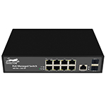 QuickTreX&reg; 8 Port Managed Layer 2+ Gigabit PoE+ Switch with 8 x GIG PoE+ RJ45 30/15.4W Ports, 2 x GIG SFP Uplink Ports, 1 x RJ45 Console Port, and Built-In 120W Power Supply  - RoHS Compliant