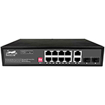 QuickTreX&reg; 12 Port Unmanaged Gigabit PoE+ Switch with 8 x GIG PoE+ RJ45 30/15.4W Ports, 2 x GIG RJ45 Uplink Ports, 2 x SFP GIG Uplink Ports, Auto PoE+ Extend, VLAN, Watchdog, and Built-In 120W Power Supply  - RoHS Compliant